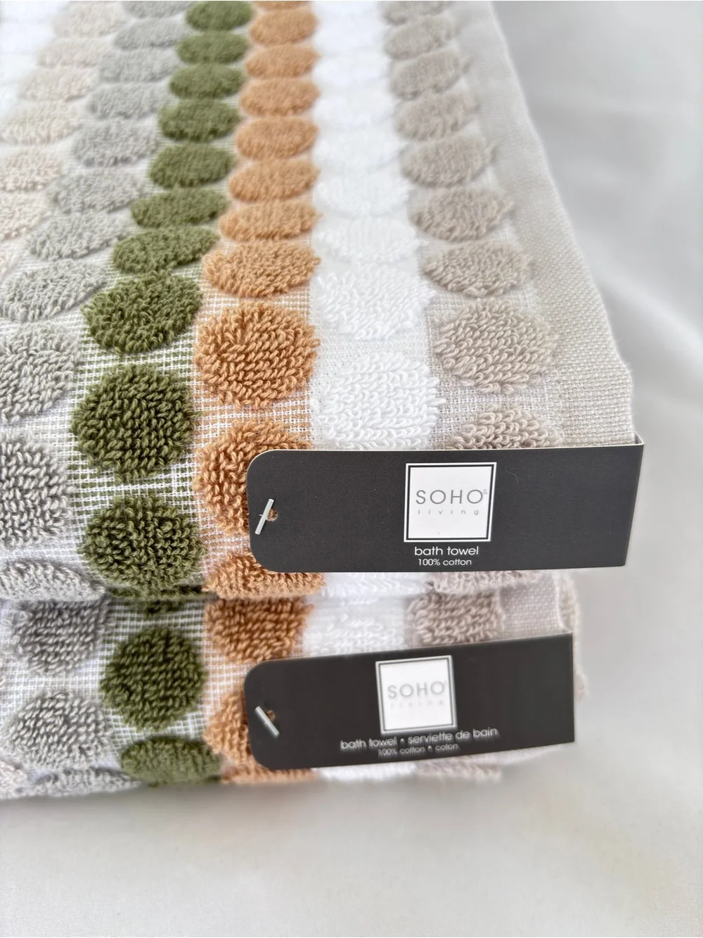 NWT Soho Living 2Pc Cotton Retro Earth Tone Polka Dot Striped Fall Bath Towels